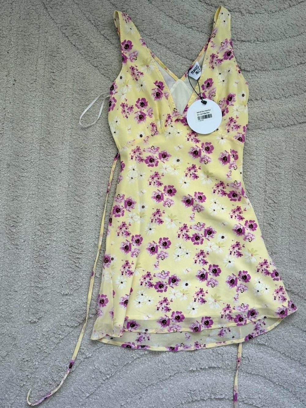 Princess Polly Yellow Floral Wrap Mini Dress with Purple Blossoms